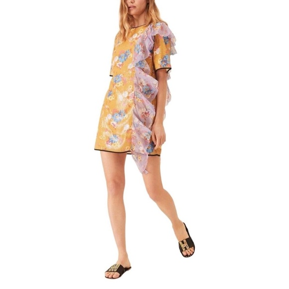 Manoush Floral Burst Sequin Dress EU 38 UK 10 US 6 Yellow Ruffle Tee Shift NWT - Picture 2 of 12